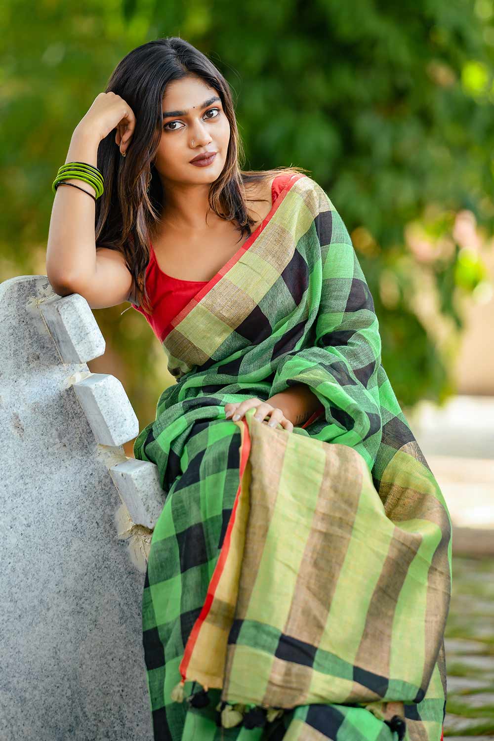 Green & Black Gingham Linen Saree with Golden Zari Border