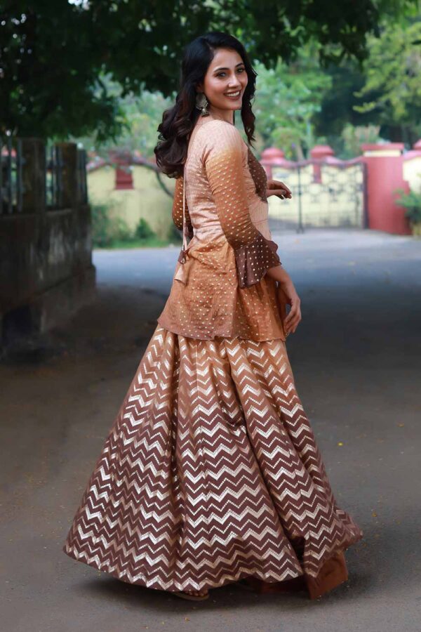 Brown Ombre Chanderi Top and Skirt Set