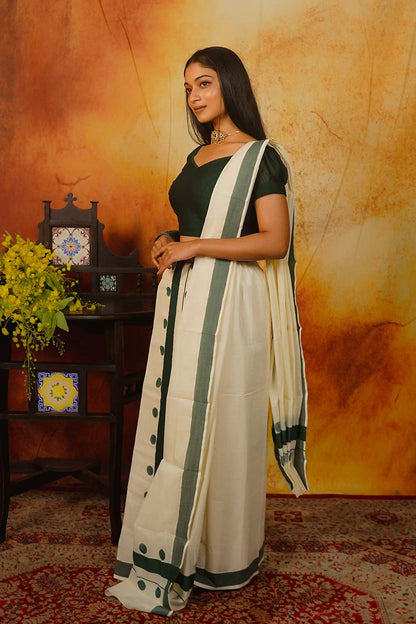 Kerala Set & Mundu with Green Polka Dots