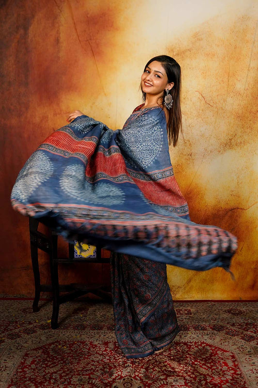 Ajrakh Printed Tussar Silk Saree