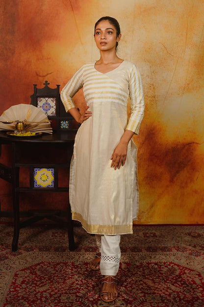 Off-White Kurti with Golden Stripes