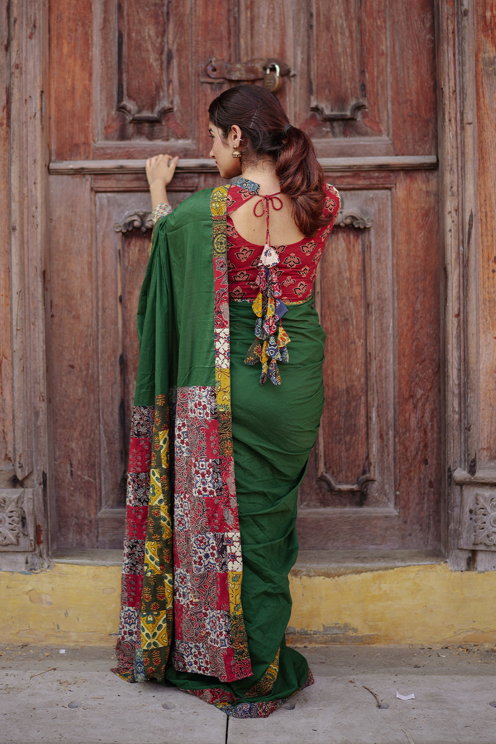 Green Saree with Multi Ajrakh Patch