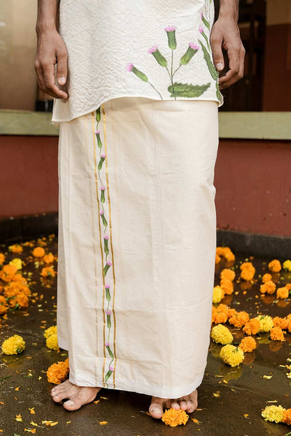 Offwhite Mundu With Muyal Cheviyan Handpainted