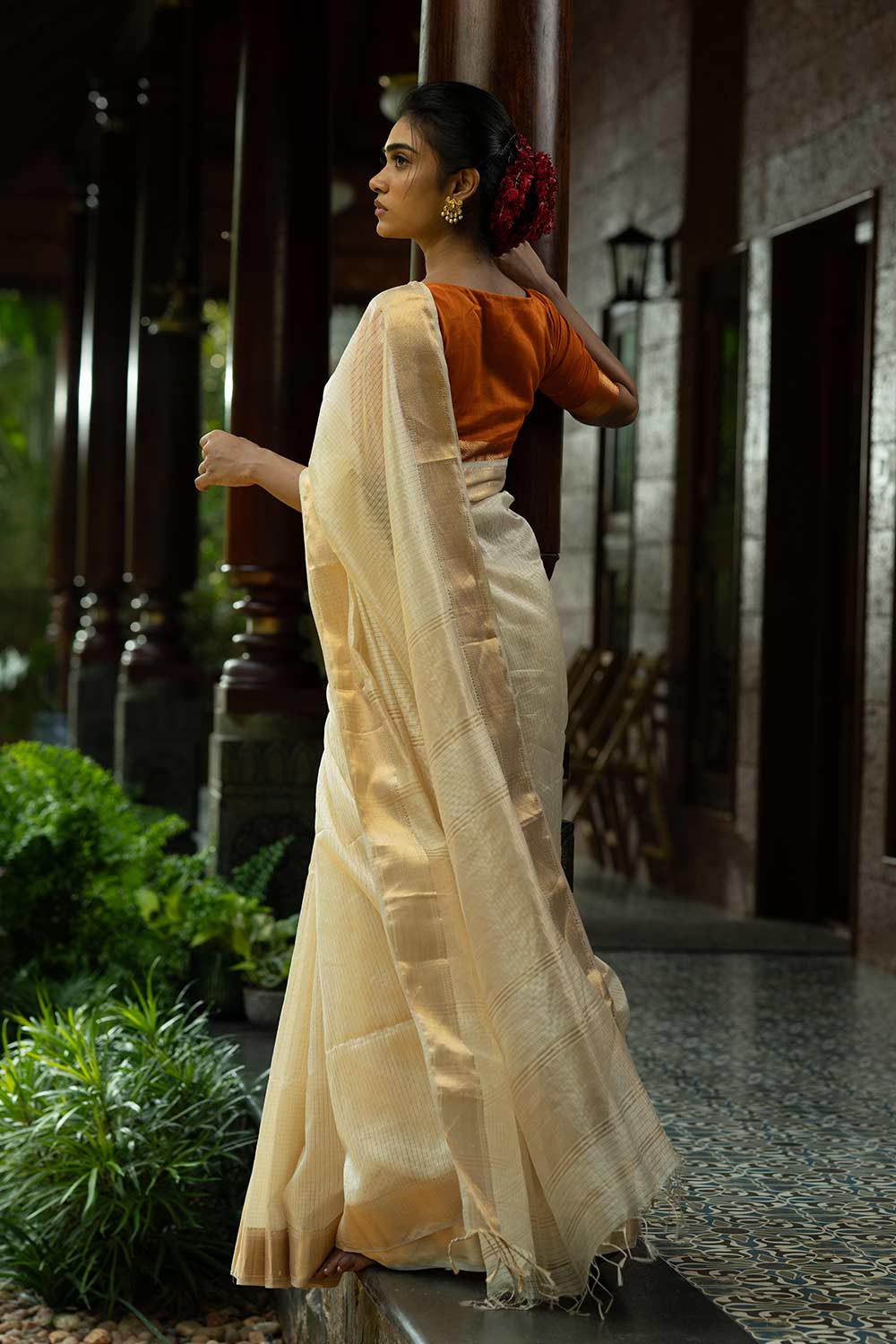 Off-White Maheshwari Silk Saree with Golden Checks