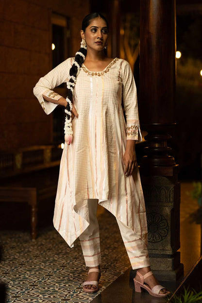 Off-White & Copper Hi-Lo Kurti with Embellishment