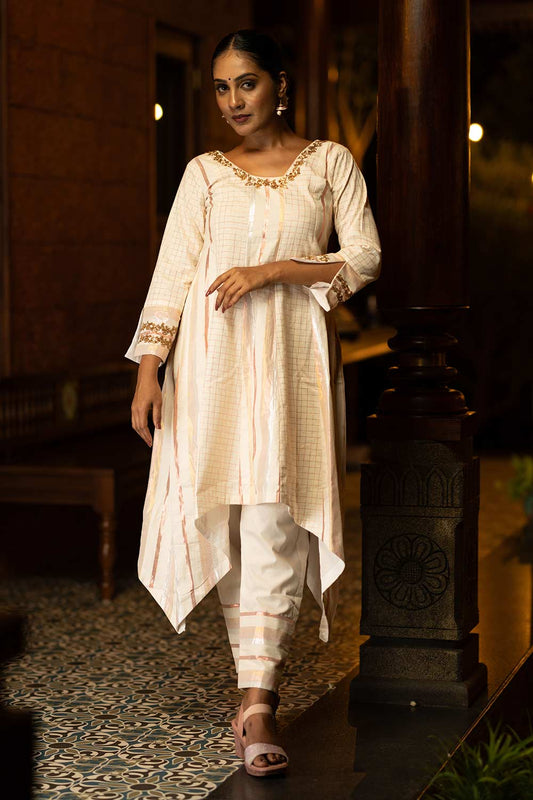 Off-White & Copper Hi-Lo Kurti with Embellishment