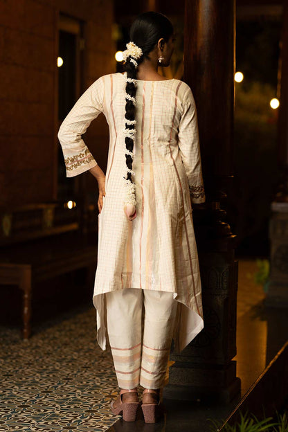 Off-White & Copper Hi-Lo Kurti with Embellishment