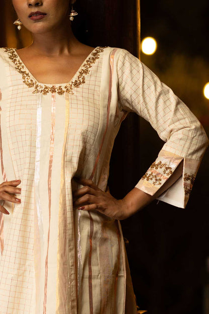 Off-White & Copper Hi-Lo Kurti with Embellishment