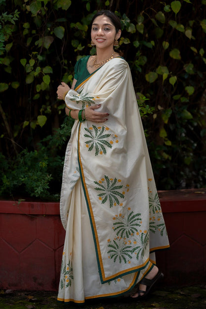 Off White Saree with Mukkooti handpainted