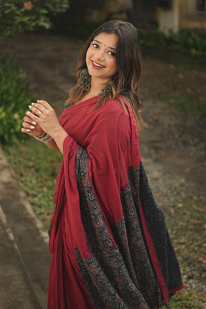 Maroon Mul cotton Saree with Ajrakh Border