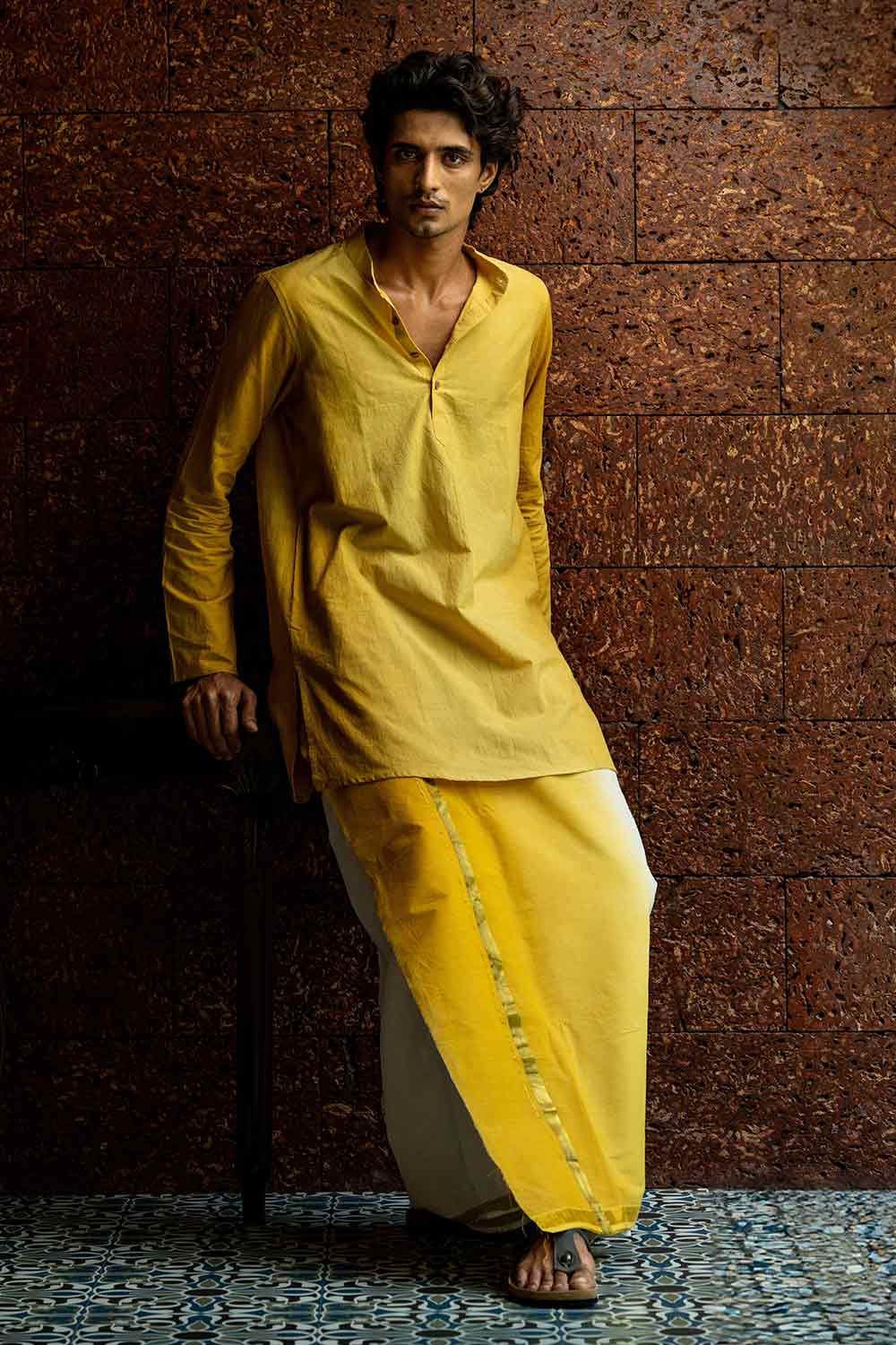 Kerala Kasavu Dhothi with yellow dyed border