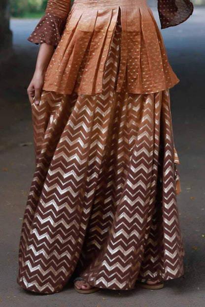 Brown Ombre Chanderi Top and Skirt Set