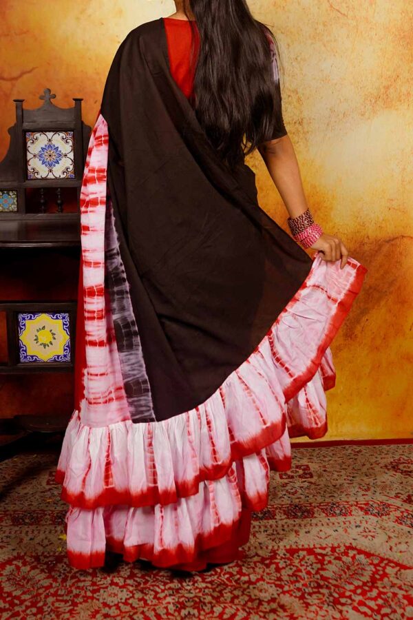 Black & Red Shibori Saree with Ruffles