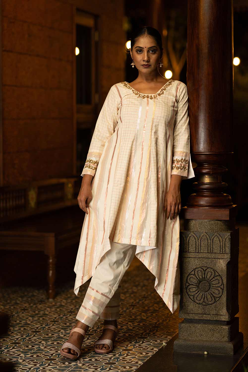 Off-White & Copper Hi-Lo Kurti with Embellishment