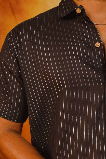 Black Half Sleeve Shirt with Silver Zari Stripes