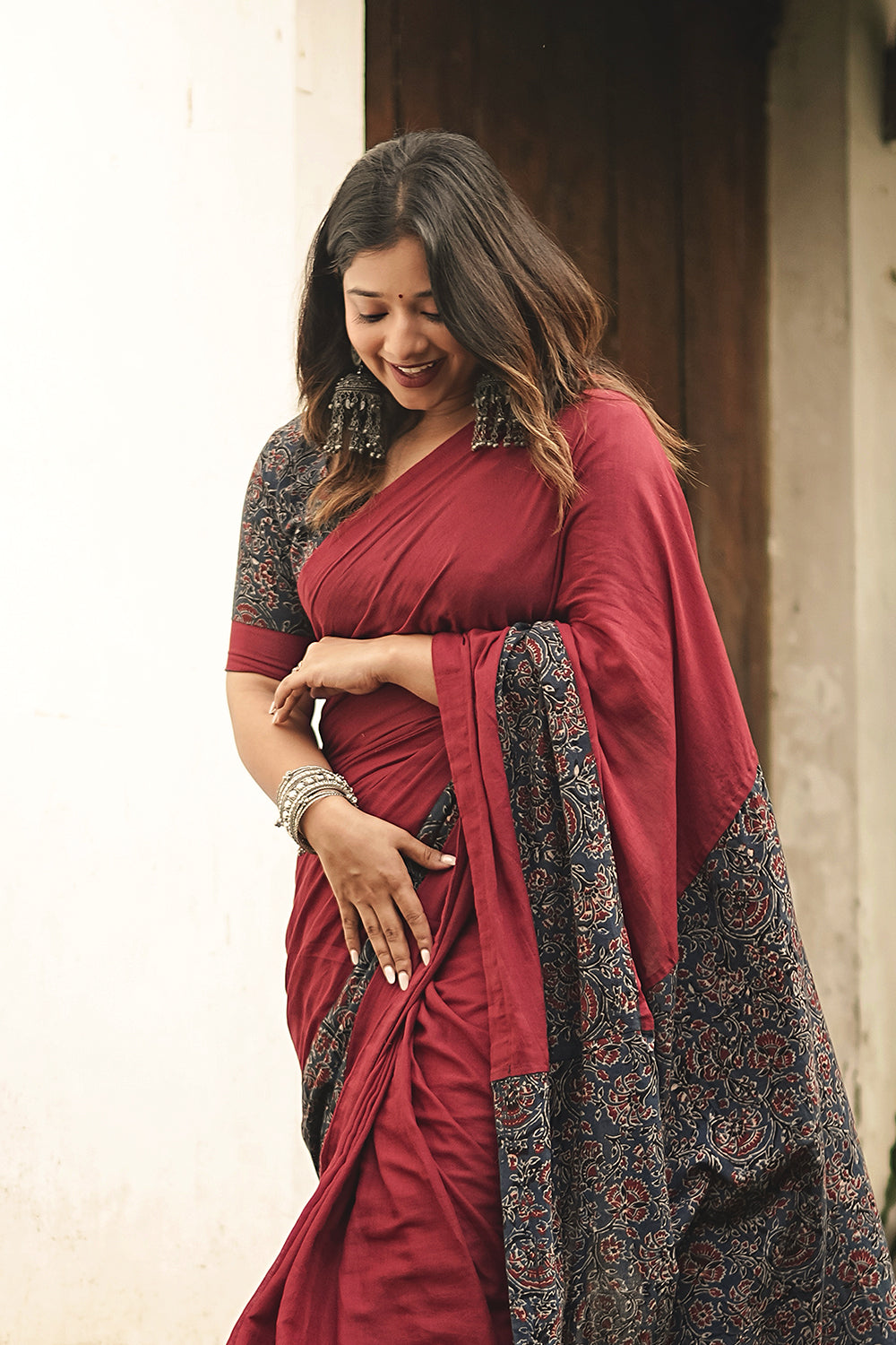 Maroon Mul cotton Saree with Ajrakh Border