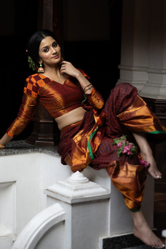 Narayanpett Orange Checked Saree with Big Border