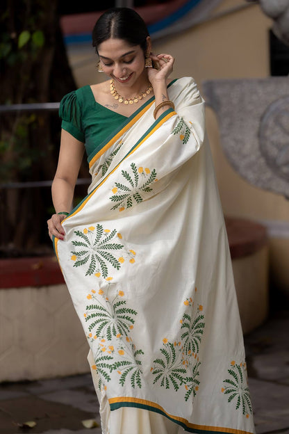 Off White Saree with Mukkooti handpainted