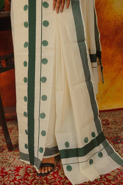 Kerala Set & Mundu with Green Polka Dots