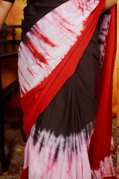 Black & Red Shibori Saree with Ruffles