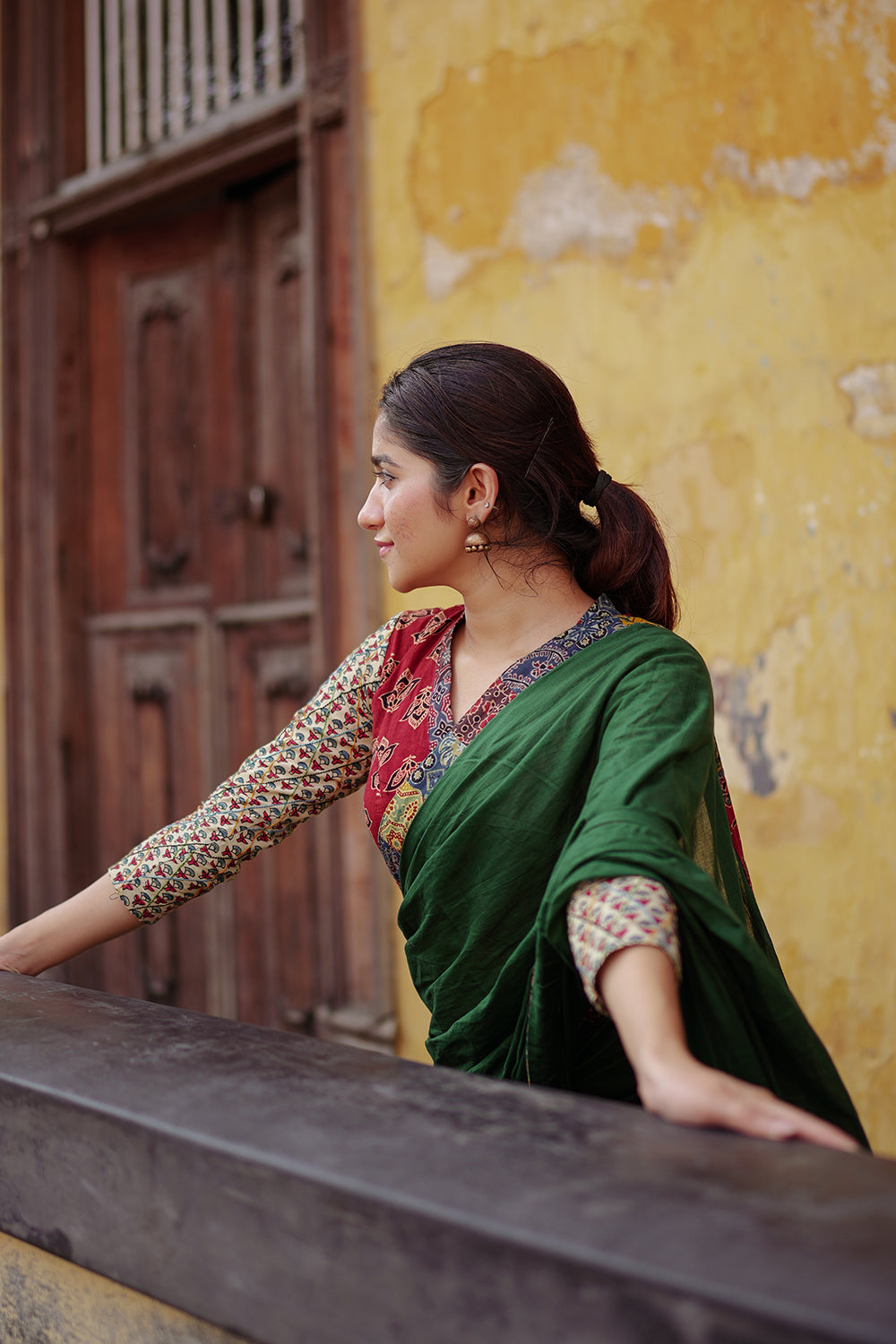 Green Saree with Multi Ajrakh Patch