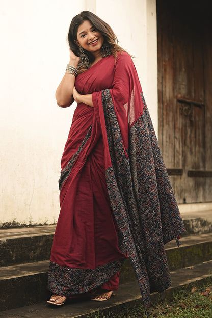 Maroon Mul cotton Saree with Ajrakh Border