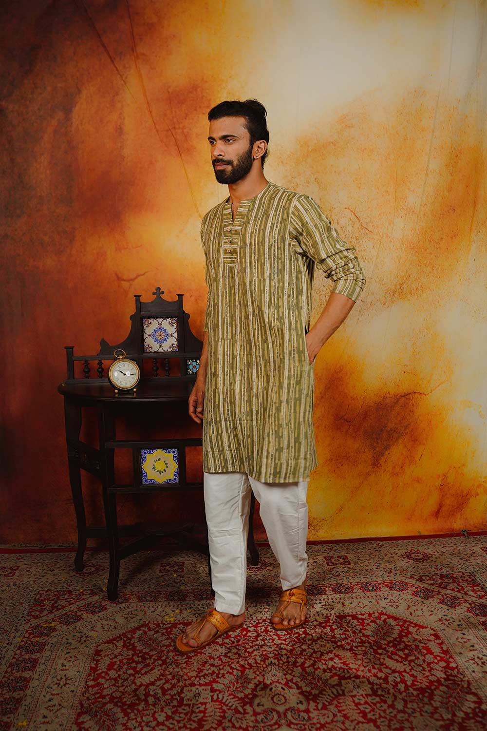 OLIVE GREEN PRINTED LONG KURTHA