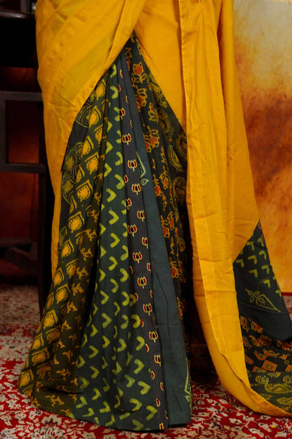 Yellow Mul Saree with Green Ajrakh Patch