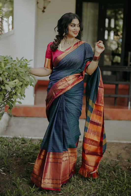 Narayanpet Peacock Blue Check Saree