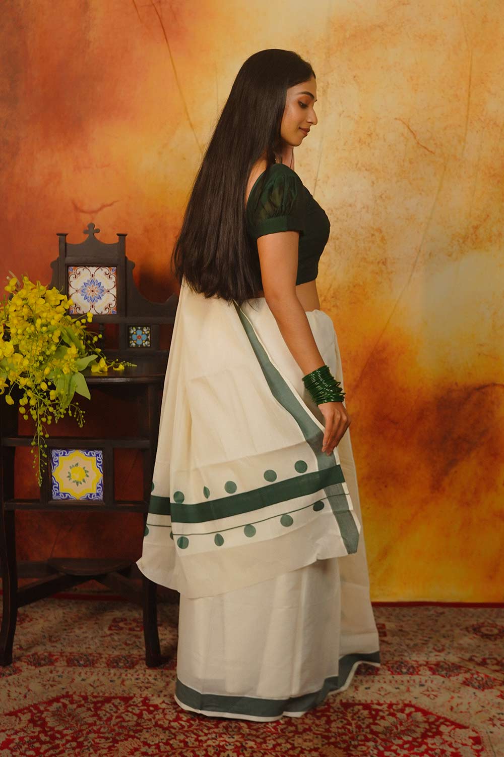 Kerala Set & Mundu with Green Polka Dots