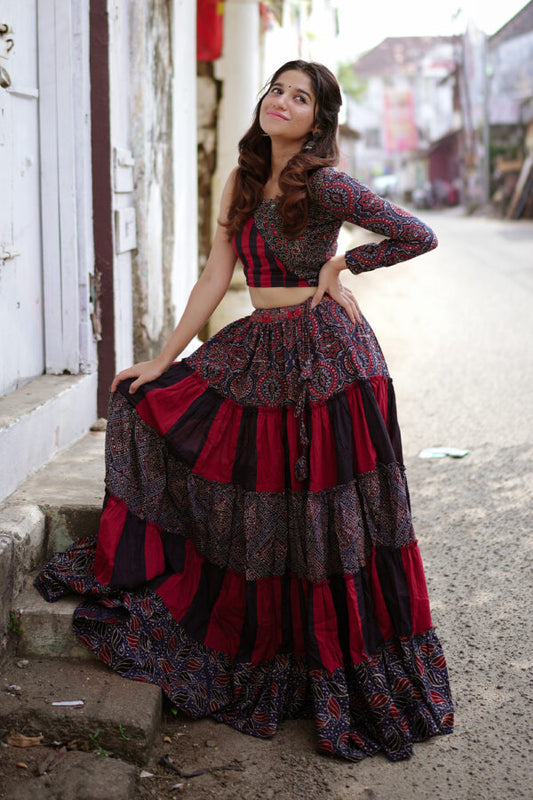 Blue Ajrakh Top & Tiered Skirt