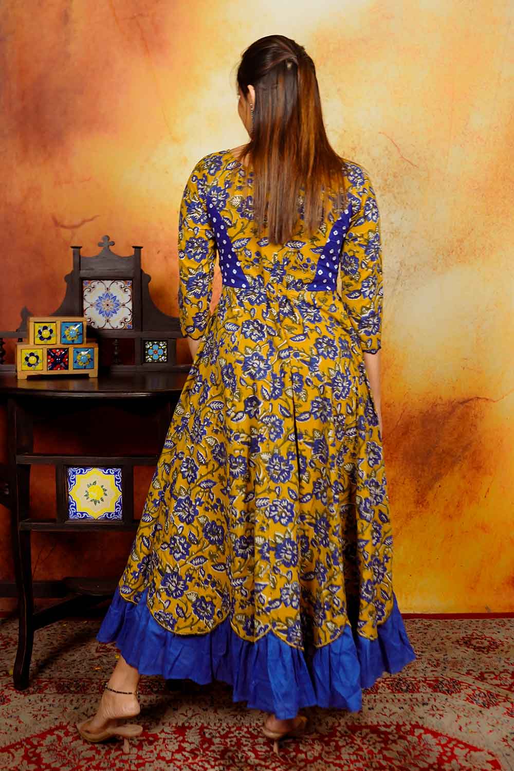 Yellow Anarkali with Blue Bandhani Yoke