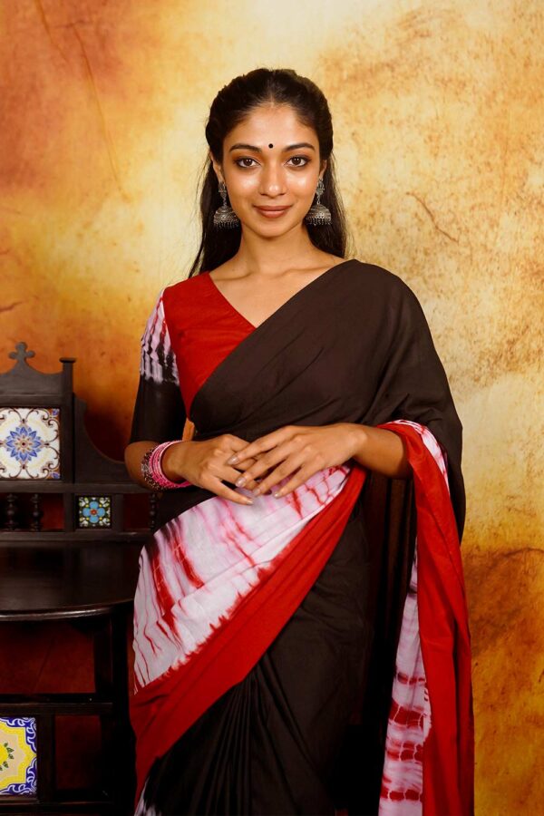 Black & Red Shibori Saree with Ruffles