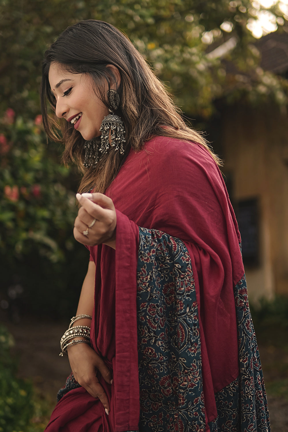 Maroon Mul cotton Saree with Ajrakh Border