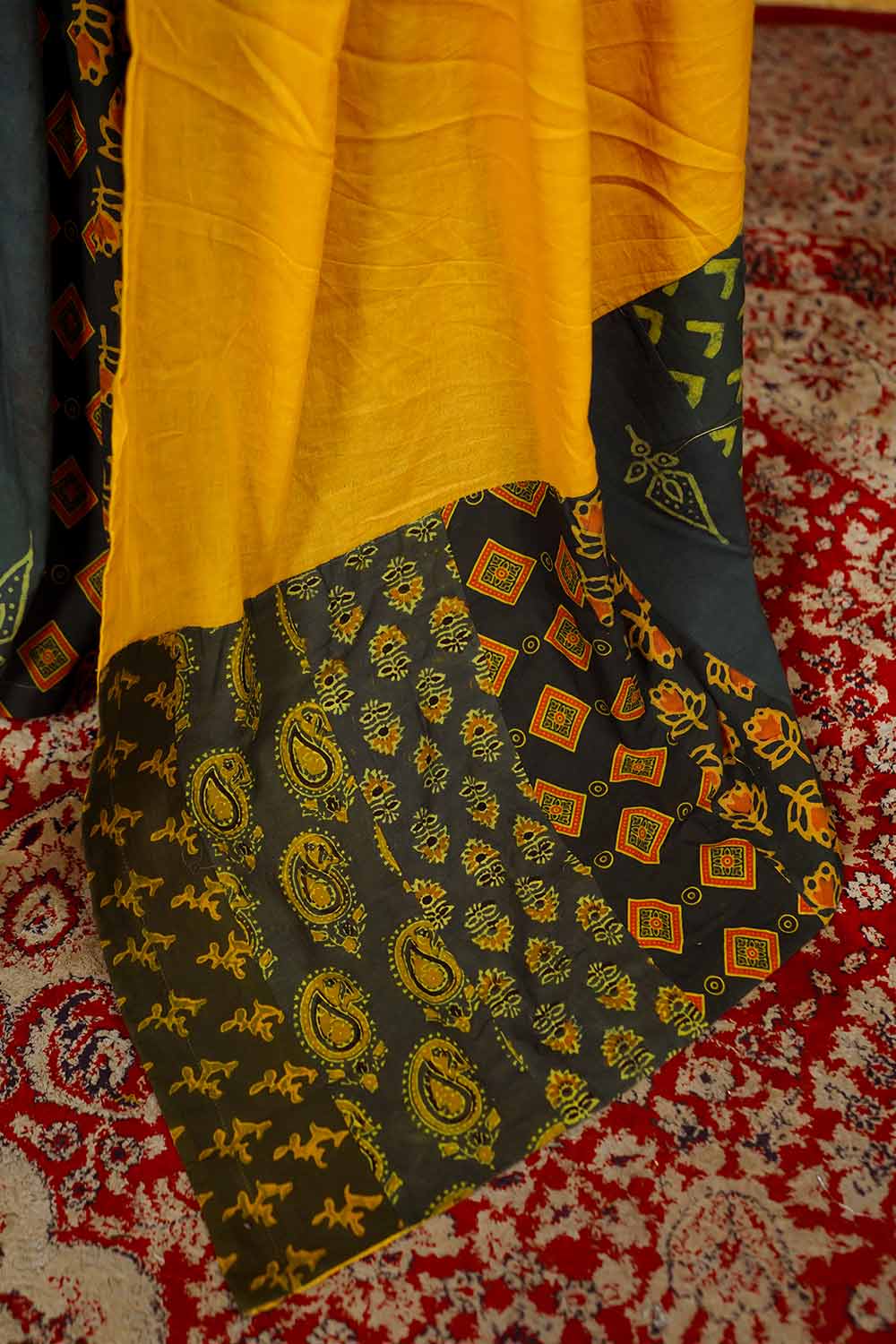 Yellow Mul Saree with Green Ajrakh Patch