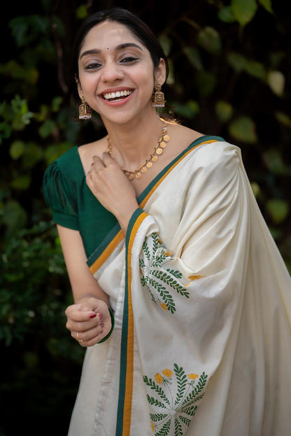 Off White Saree with Mukkooti handpainted