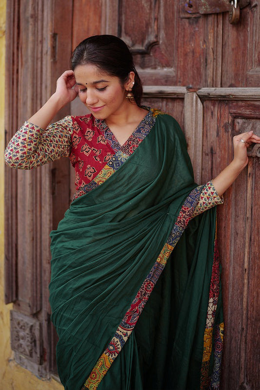 Green Saree with Multi Ajrakh Patch