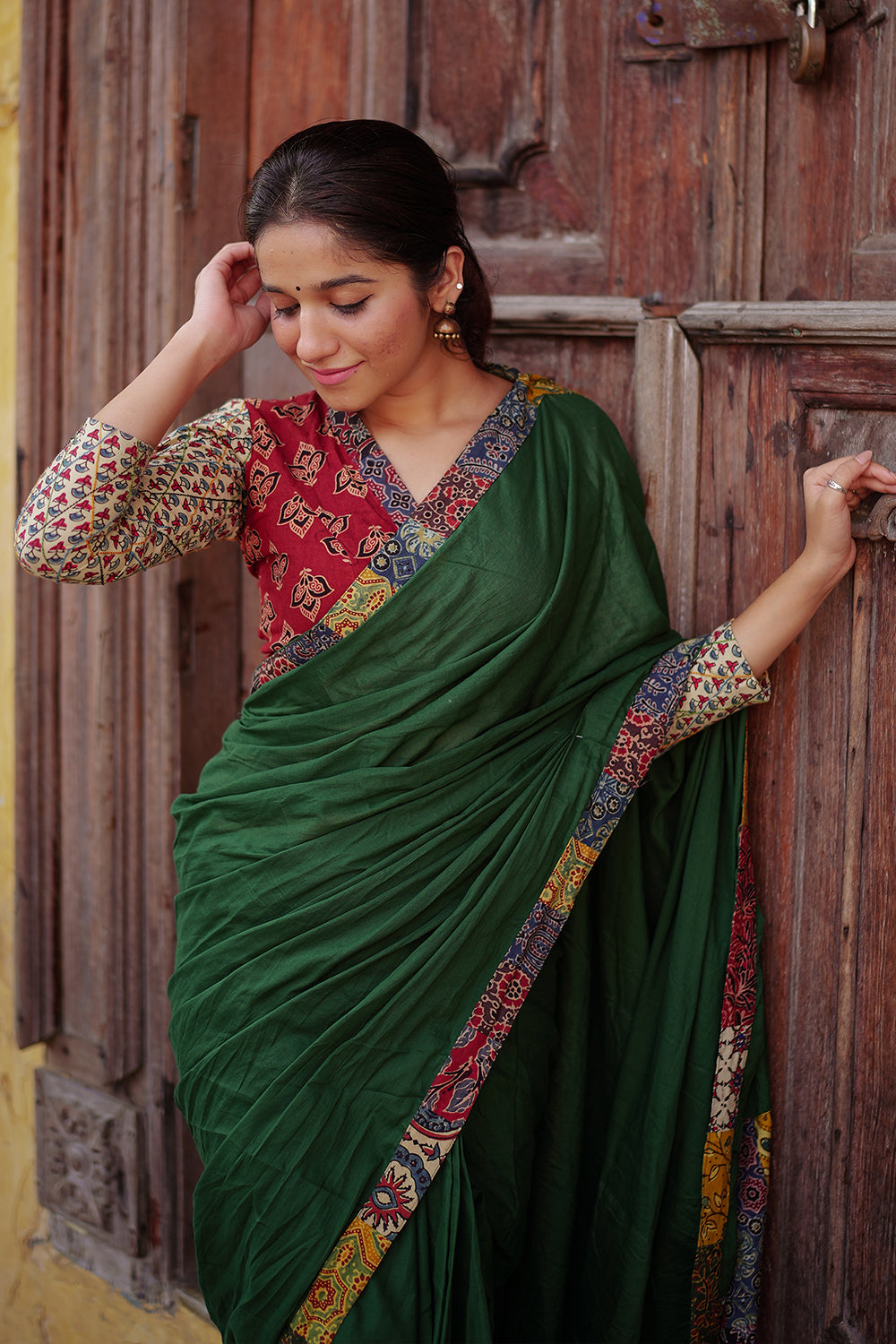 Green Saree with Multi Ajrakh Patch