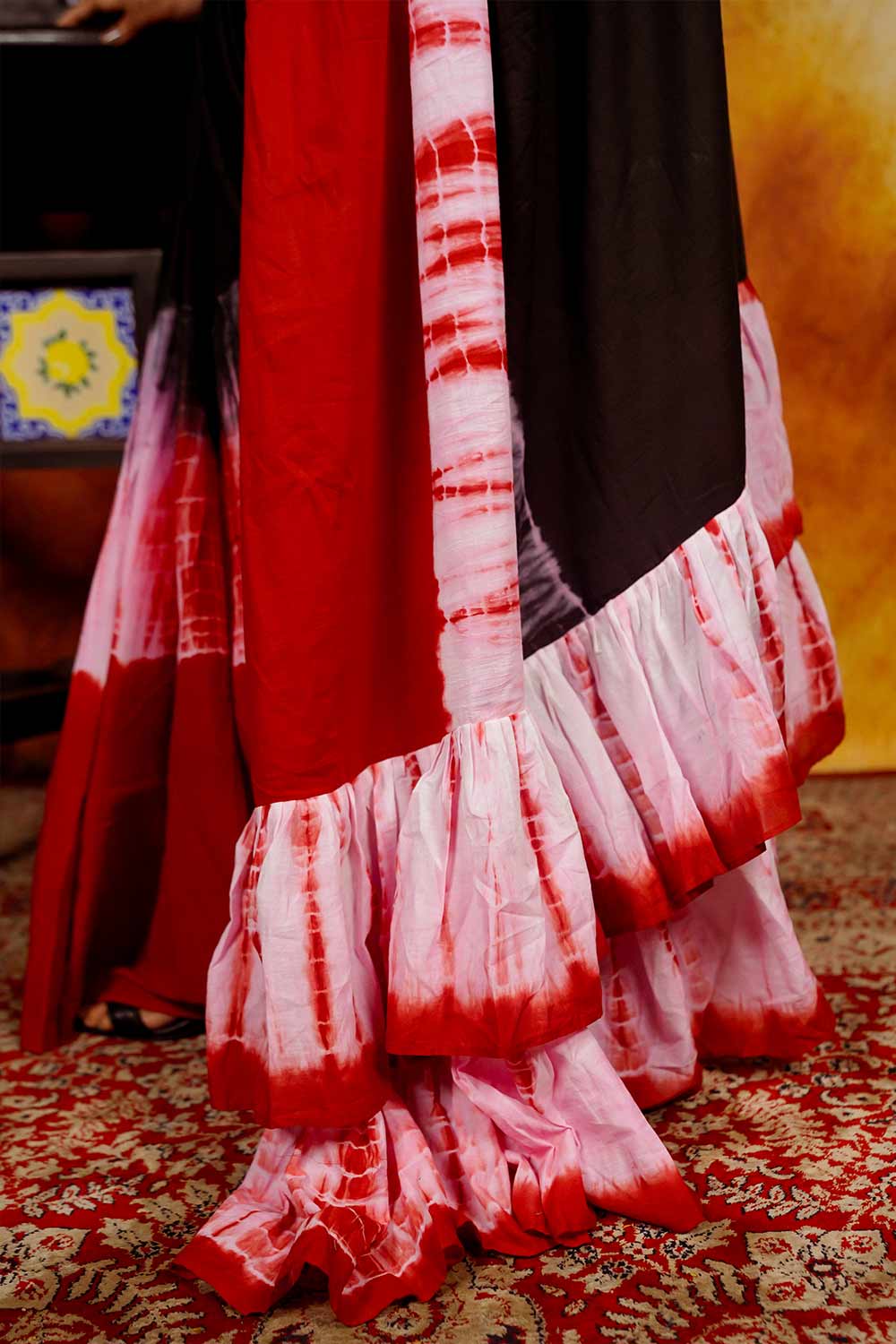 Black & Red Shibori Saree with Ruffles