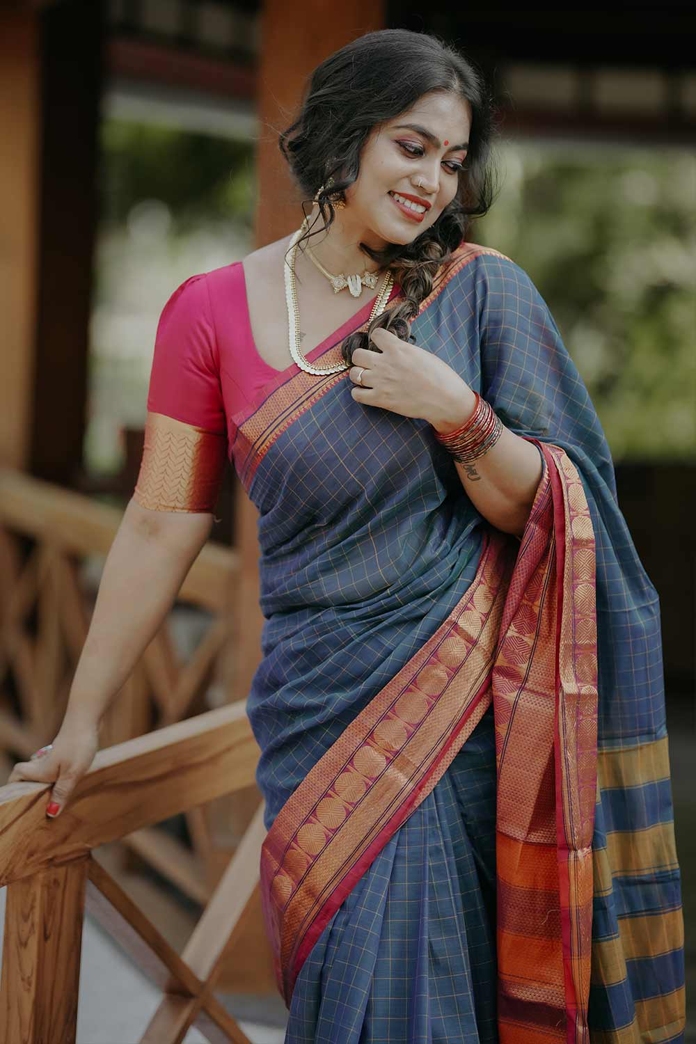 Narayanpet Peacock Blue Check Saree