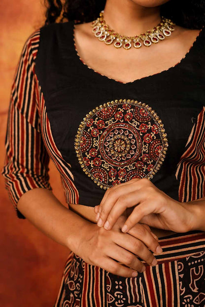 Maroon & Black Ajrakh Stripes Top with Embroidery