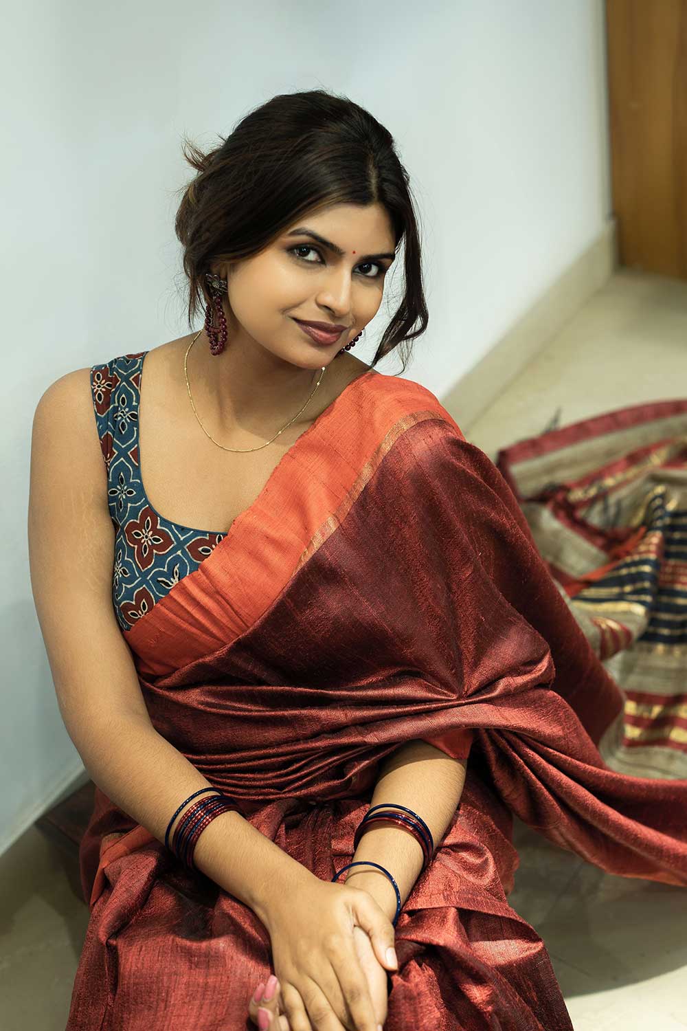 Maroon Tussar Silk saree