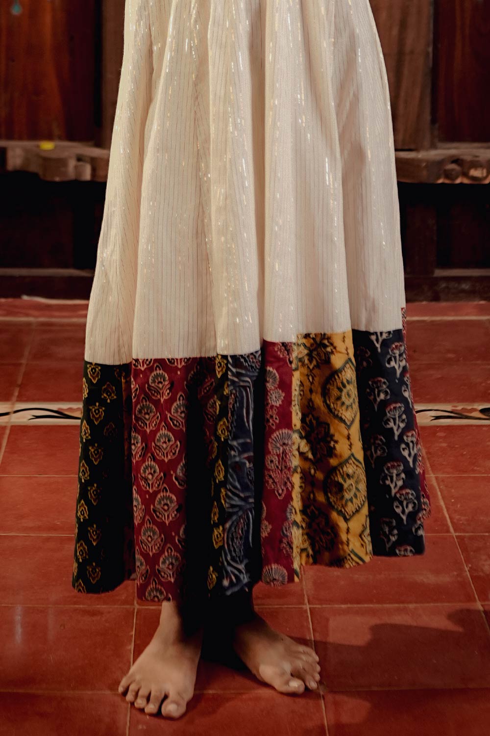 Offwhite Anarkali Multipatch Yoke With Emblished Neck