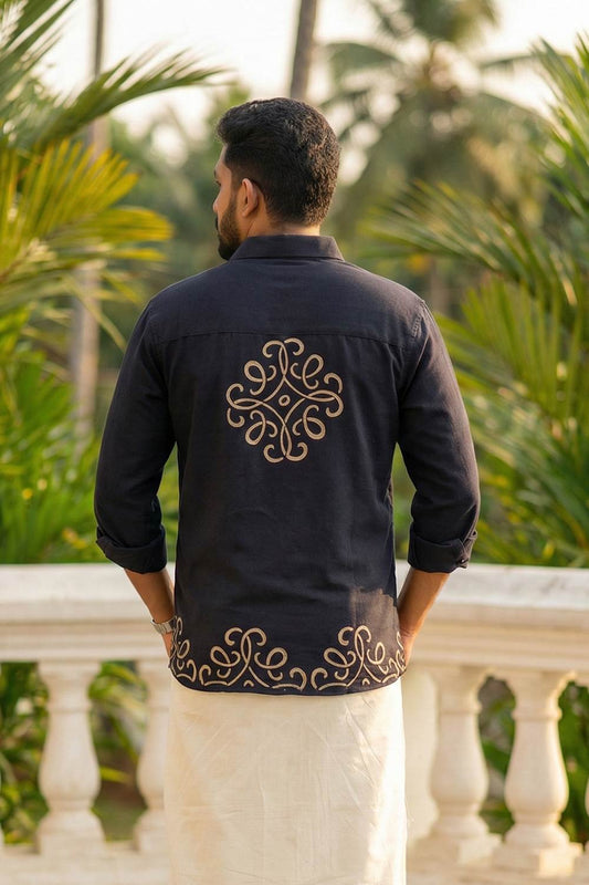 Handloom Black Shirt with Golden Print