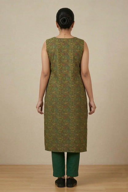 Green Sleeveless Slitted Goat & Elephant Print Kurti