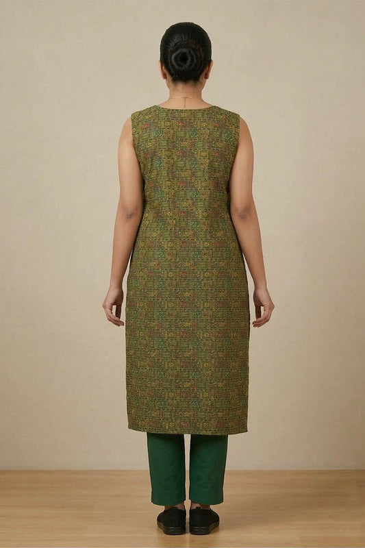 Green Sleeveless Slitted Goat & Elephant Print Kurti