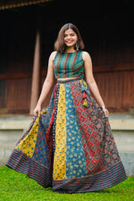 Ajrakh Green Blouse & Multi Print Patch Skirt