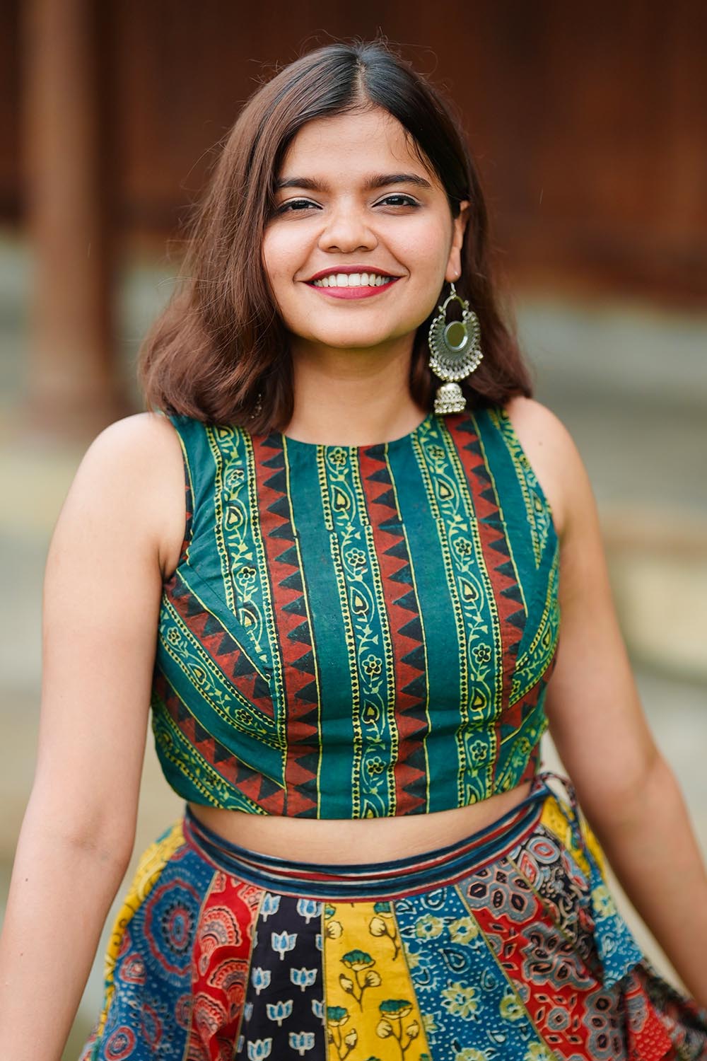 Ajrakh Green Blouse & Multi Print Patch Skirt
