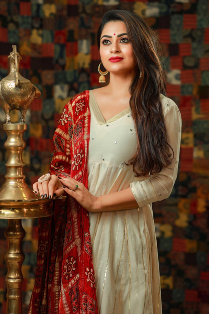 Off White & Golden Zari Anarkali