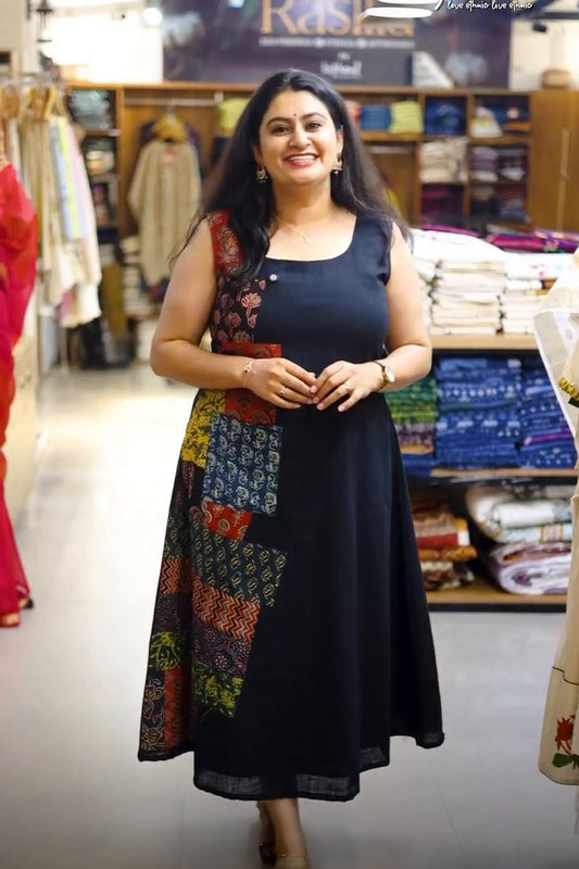 Black A line Patch Dress